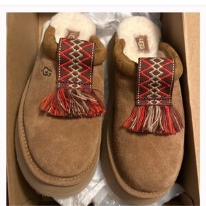 UGG Women's Brown Suede Slippers with Red Accents
